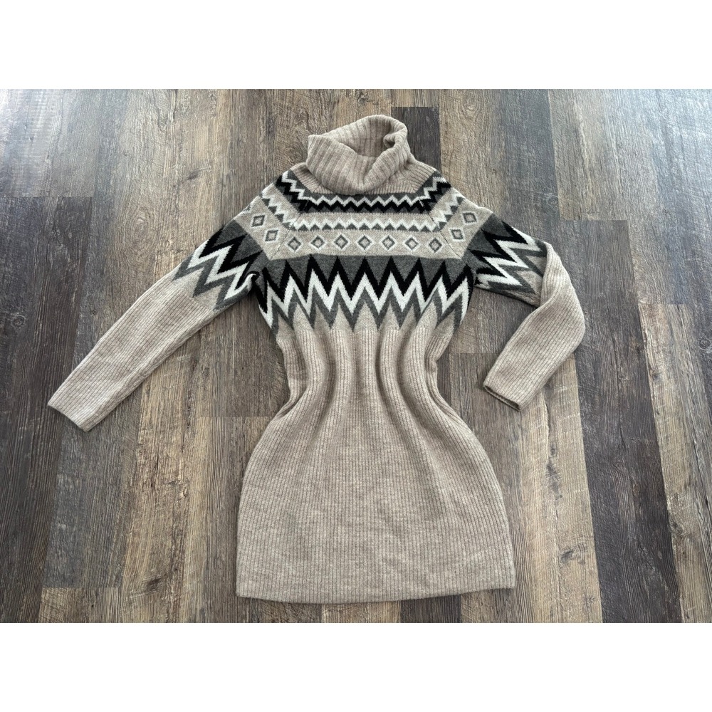 Express Womens Tan Fair Isle Turtleneck Sweater Dress Geometric Knit Medium